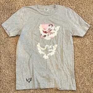 Gray Graphic T-Shirt with Pink and White Design